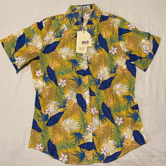 SSLR Yellow and Blue Button Down Tropical Shirt - Picture 1 of 11